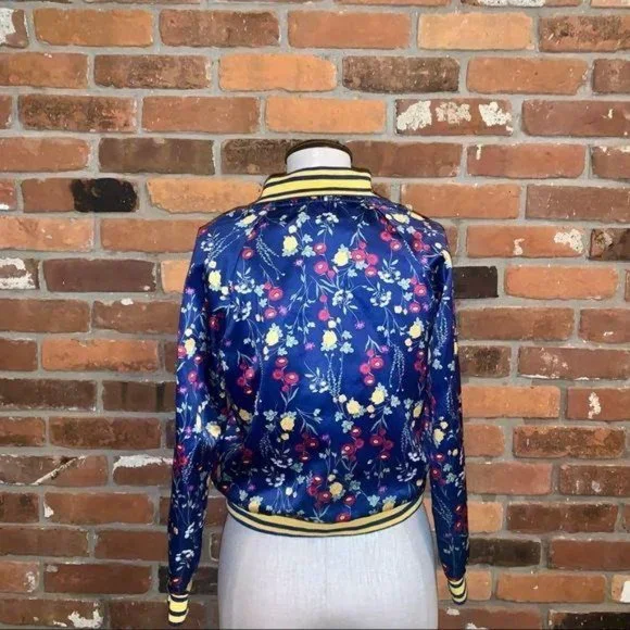Blue Floral Satin Bomber Full Zip Size Medium - Picture 4 of 5